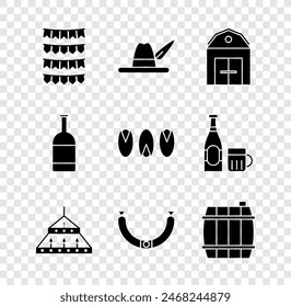 Set Carnival garland with flags, Oktoberfest hat, Farm House, Massive steel chandelier, Sausage, Wooden barrel, Beer bottle and Pistachio nuts icon. Vector