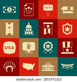 Set Carnival garland with flags, Patriotic American top hat, Shield stars, Vote, White House, Baseball ticket, Stacks paper money cash and  icon. Vector