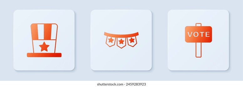 Set Carnival garland with flags, Patriotic American top hat and Vote. White square button. Vector