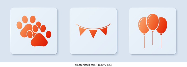 Set Carnival garland with flags, Paw print and Balloons with ribbon. White square button. Vector