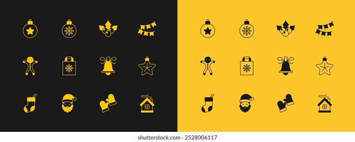 Set Carnival garland with flags, Santa Claus hat beard, Christmas ringing bell, mittens, shopping bag, Branch viburnum, ball and  icon. Vector