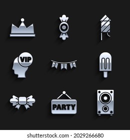 Set Carnival garland with flags, Signboard party, Stereo speaker, Ice cream, Bow tie, Vip inside head, Firework rocket and Crown icon. Vector