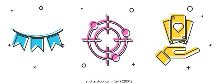 Spielen Sie eine Karnevalgarage mit Flaggen, Zielsport zum Schießen von Wettkämpfen und Hand, die Karten hält Symbol. Vektorillustration