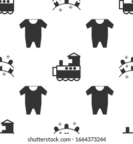 Set Carnival garland with flags, Toy train and Baby clothes on seamless pattern. Vector