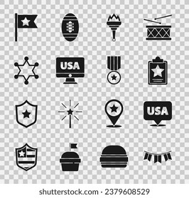 Set Carnival garland with flags, USA Independence day, Torch flame, on monitor, Hexagram sheriff, American and Medal star icon. Vector