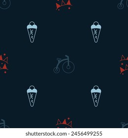 Set Carnival garland with flags, Vintage bicycle and Ice cream waffle on seamless pattern. Vector