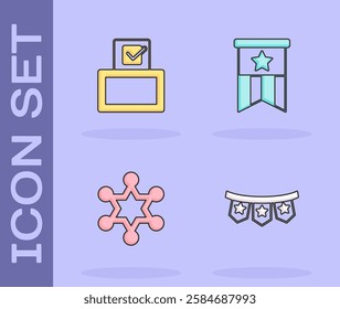 Set Carnival garland with flags, Vote box, Hexagram sheriff and American icon. Vector