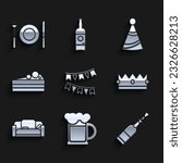 Set Carnival garland with flags, Wooden beer mug, Champagne bottle, Crown, Sofa, Cake, Party hat and Plate, fork knife icon. Vector