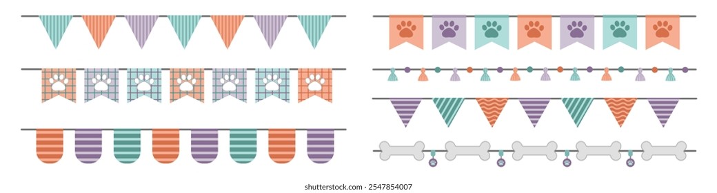 Set of Carnival garlands with flags and bones in flat style. Vector dog party garlands collection