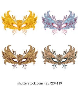 Set Carnival golden  face mask. Symbol of Venice. Lacy thin handwork pack. Vector illustration.