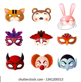 Set of carnival, halloween and animals masks isolated on white background