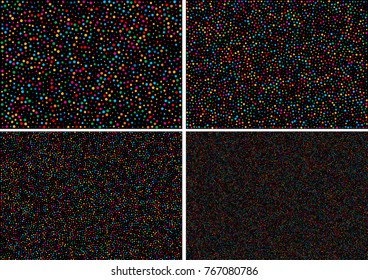 Set of Carnival Holiday horizontal black backgrounds with colorful rainbow colors confetti paper pattern texture. Bright new year 2018 backdrops. A4 paper size, vector illustration.