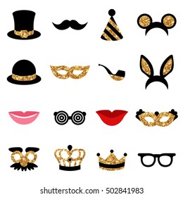 Set of Carnival Icons and Objects. Black Color with Golden Pattern. Vector Illustration. 