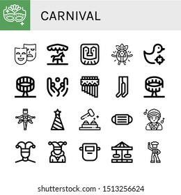 Set of carnival icons such as Carnival mask, Masks, Merry go round, Mask, Surprised, Shooting gallery, Round up ride, Juggling, Zampona, Leotard, Samba, Party hat, Whack a mole , carnival