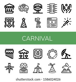 Set of carnival icons. Such as Shooting gallery, Mask, Carnival mask, Party hat, Round up ride, Disco, Inflatable, Carousel, Juggling, Sparkler, Zampona, Samba , carnival icons