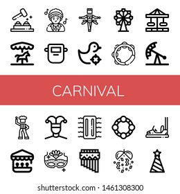 Set of carnival icons such as Whack a mole, Merry go round, Disco, Mask, Samba, Shooting gallery, Ferris wheel, Tambourine, Carousel, Pendulum ride, Buffoon, Carnival mask , carnival