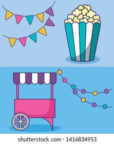 set of carnival kiosk with popcorn and garlands hanging