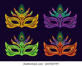 Set of carnival mask decorated with beads, bundle of colorful feathers. Detailed illustration in vintage style