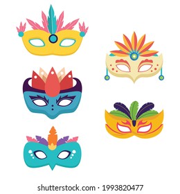 set of carnival mask, different colorful mask with feathers, face masks for party, party carnival decoration celebration and festival theme vector illustration