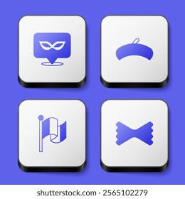 Set Carnival mask, French beret, Flag Italy and Macaroni icon. White square button. Vector