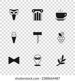 Set Carnival mask, Grape fruit, Olives branch, Wine corkscrew, Coffee cup, Ancient column and Ice cream waffle icon. Vector