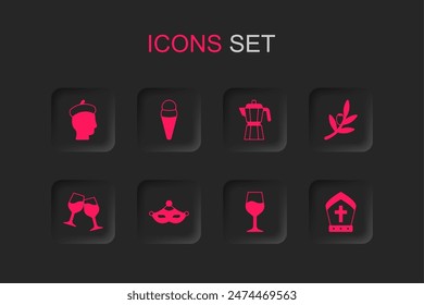 Set Carnival mask, Ice cream in waffle, French man, Wine glass, Olives branch, Pope hat, Coffee maker moca pot and  icon. Vector