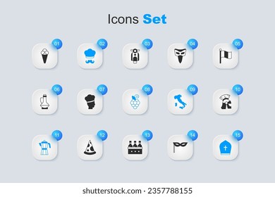 Set Carnival mask, Italian cook, Coffee maker moca pot, Pope hat, Roman army helmet, Ice cream in waffle and Grape fruit icon. Vector