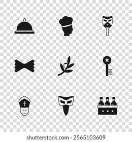 Set Carnival mask, Old key, Bottles of wine, Olives branch, Covered with tray food, Italian cook and Macaroni icon. Vector