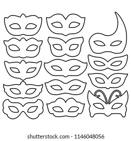 Set of carnival mask outlines isolated on white. Collection festive mask icons symbols. Decorations for masquerade, parties and various celebrations. Vector illustration.