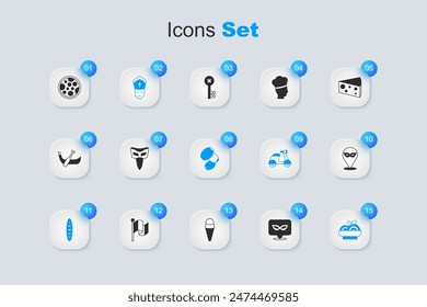 Set Carnival mask, Pope, French baguette bread, Pasta spaghetti, Pizza and Olives icon. Vector