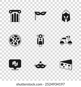 Set Carnival mask, Scooter, Cheese, Roman army helmet, Ancient column,  and Pizza icon. Vector