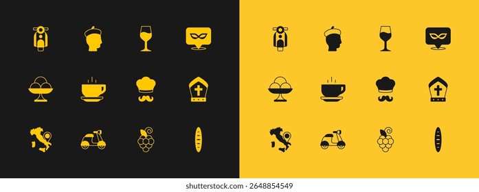 Set Carnival mask, Scooter, Italian cook, Grape fruit, Coffee cup, Wine glass,  and French man icon. Vector