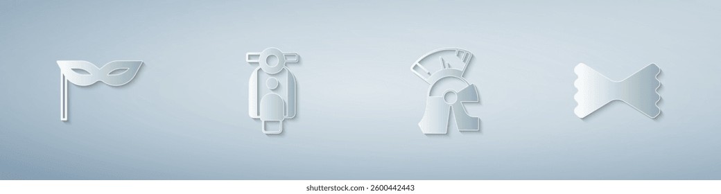 Set Carnival mask, Scooter, Roman army helmet and Macaroni. Paper art style. Vector