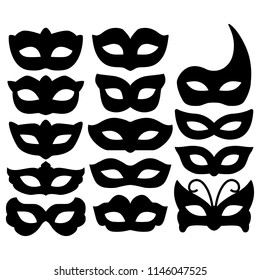 Set of carnival mask silhouettes isolated on white. Collection festive mask icons symbols. Decorations for masquerade, parties and various celebrations. Vector illustration.