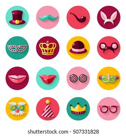 Set of Carnival Masks in Circles. Vector illustration. Masquerade Party Signs and Symbols.