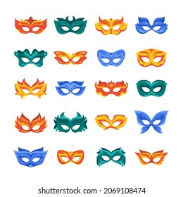 Set of Carnival Masks, Colorful Venice Masquerade or Party Costume Collection, Festival Celebration or Theatre Mask for Face, Elegant Decorated Elements. Cartoon Vector Illustration, Icons, Clip Art