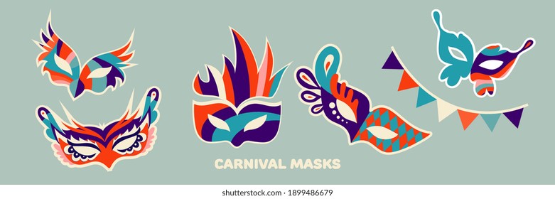 Set von Karneval-Masken im flachen Stil. Vektorgrafik.
