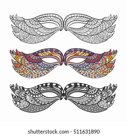 Set of carnival masks, hand-drawn and colored.