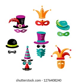 Conjunto de máscaras de carnaval aisladas en fondo blanco para cumpleaños, fiesta, accesorios. Estilo plano. Ilustración vectorial.