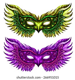 Set of carnival masks. Isolated on white background. Vector  background for banner, card, poster or web design. Hand drawn artwork.