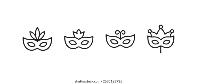 Set of carnival masks: leaf, crown, antenna, jester design in black and white.