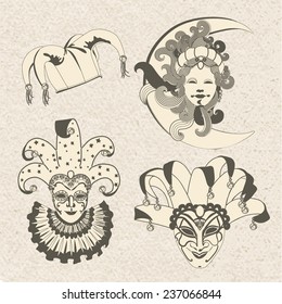 Set of carnival masks. Mardi Gras. Venice holiday. Vintage style