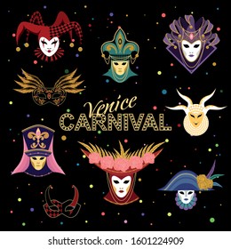 Set of carnival masks on a black background. Traditional venetian masks.