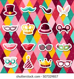 Set of Carnival Masks on Colorful Geometric Background. Vector illustration. Masquerade Party Stickers.