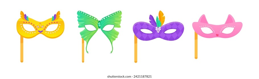 Set of carnival masks on a stick of owl, cat, feathers and butterfly, for masquerade, purim and mardi gras. On a white insulated background 