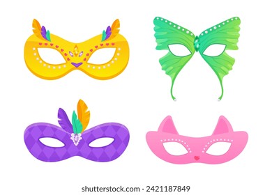 Set of carnival masks owl, cat, feathers and butterfly, for masquerade, purim and mardi gras. On a white isolated background 
