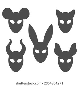 Set von Karnevalmasken mit Kaninchen, Katze, Maus, Hörnern. Einzige Vektorobjekte auf weißem Hintergrund.