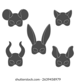 Set of carnival masks with rabbit, cat, mouse, horns ears. Isolated vector objects on white background.