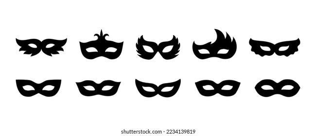 Set of carnival masks silhouettes. Black icons of masquerade masks, for party, parade and carnival, for Mardi Gras and Halloween. Mask decorative elements can be used as isolated sign, symbol or icon.