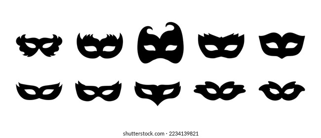 Set of carnival masks silhouettes. Black icons of masquerade masks, for party, parade and carnival, for Mardi Gras and Halloween. Mask decorative elements can be used as isolated sign, symbol or icon.